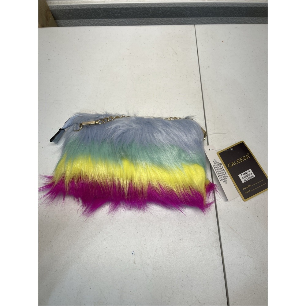 Caleesa LA USA Rainbow Over The‎ Shoulder Bag Zip Up Furry
